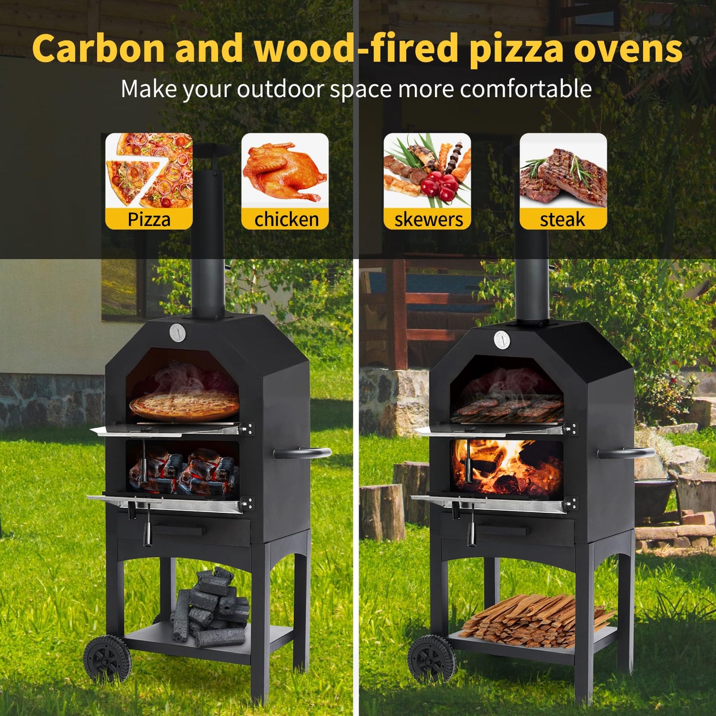 Dawmilon Pizza Oven Outdoor - Wood Fired Pizza Oven with Pizza Stone, Peel, Cover & Cooking Grids - Mobile Pizza Maker for Charcoal Grill, Backyard Parties, Camping