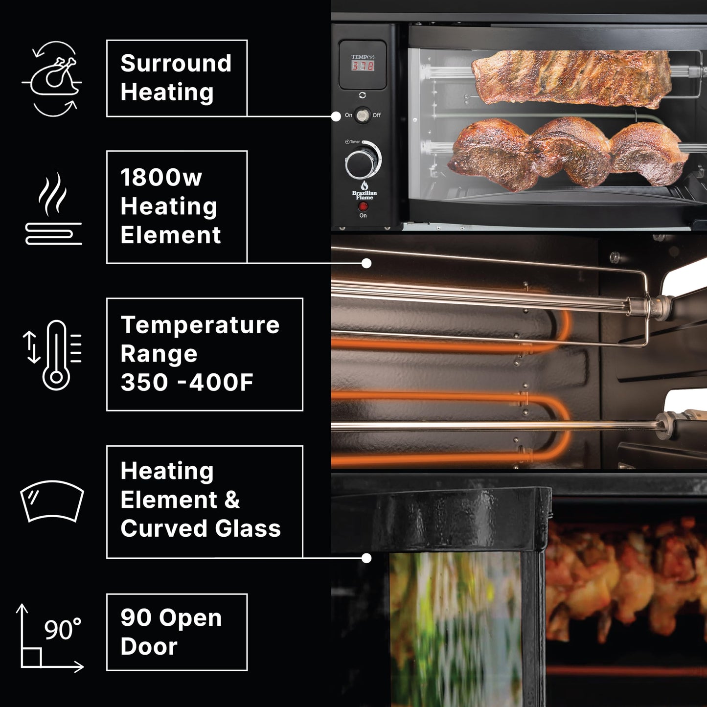 Brazilian Flame Rotisserie Grill Roaster with 2 Auto Rotating Indoor Skewers for Rotisserie Chicken, Steak, Fish, Brazilian Style BBQ, Electric Smoke-Free Rotisserie Grill for Apartment
