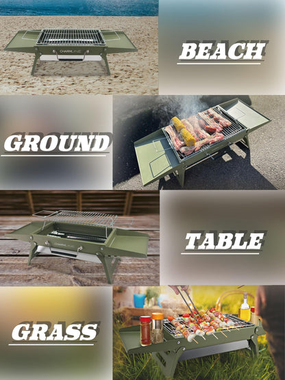 Charmline 14x9inch Small Desktop Charcoal Grill, Liftable Grilling Net, Saving Space Grill for Indoor and Outdoor, BBQ Grill for Camping, Gardens, Picnics, Beach Parties, Green