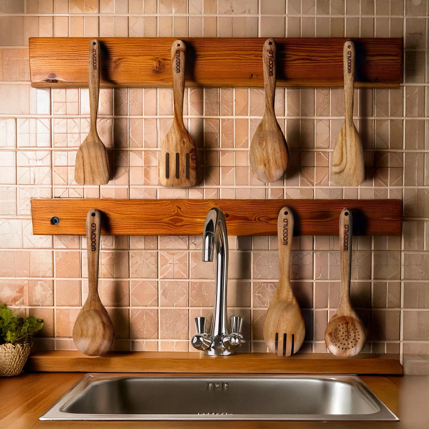 Woodalo Acacia Wooden Kitchen Utensil Set - 7 Pieces – Premium Handcrafted Cooking Spoons & Spatulas, Eco-Friendly, Nonstick Cookware Safe, Ergonomic Design, Ideal for Cooking & Serving