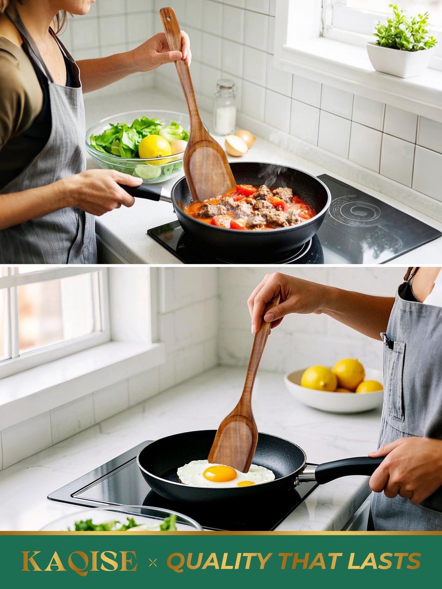 KAQISE Handmade Wooden Spatulas for Cooking, Natural Teak Wood Kitchen Utensils, Smooth Finish Wooden Flat Cooking Spatula Turner Set (2Pcs)