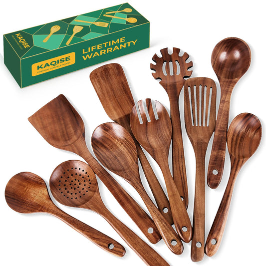 KAQISE 10PCS Wooden Utensils Set, Teak Wood Spoons&Spatulas,Kitchen Utensils for Nonstick Cookware-Spatula|Soup Ladle|Strainer Spoon|Pasta Fork,Heat Resistant Wooden Cooking Tools