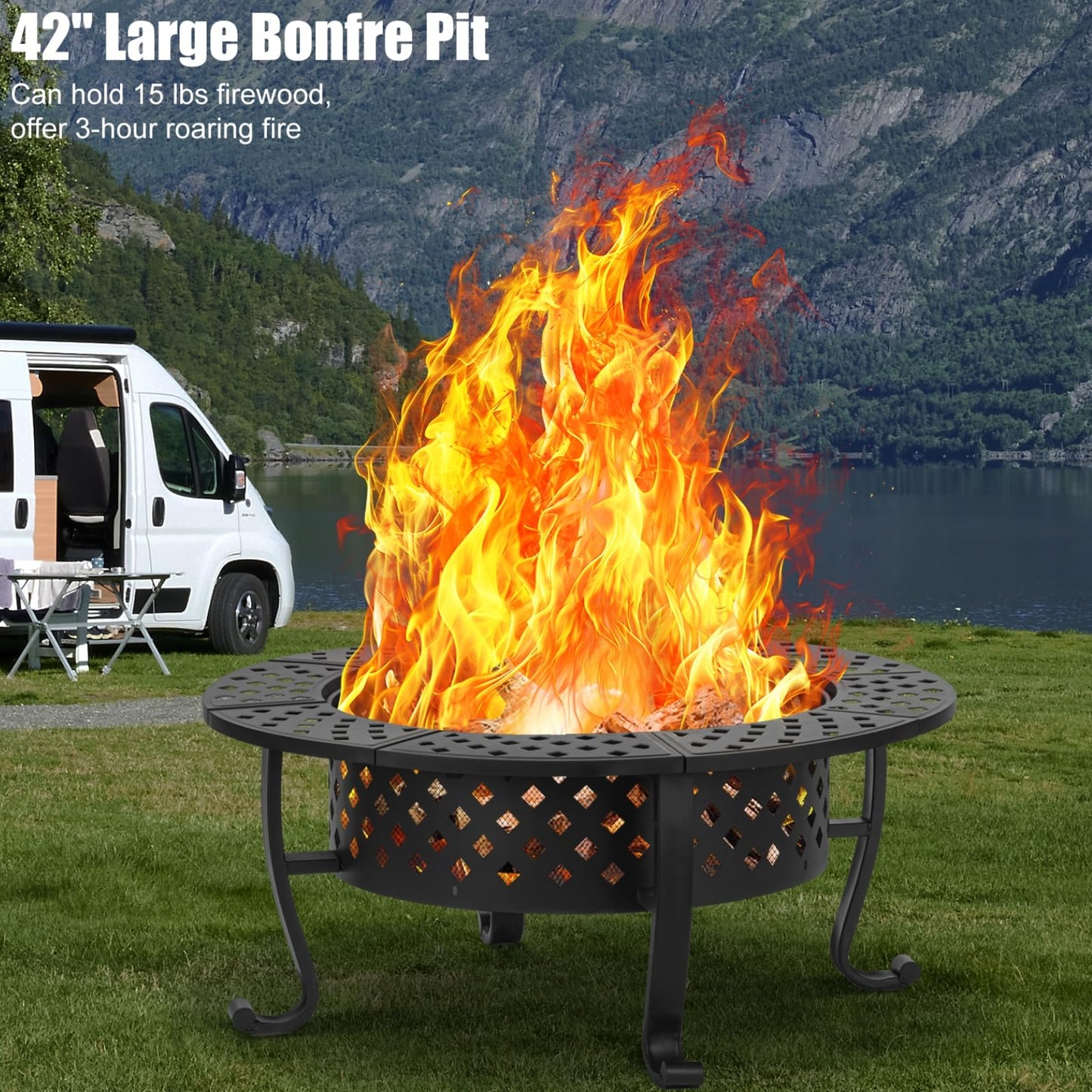 Panovue 42 Inch Fire Pit with 2 BBQ Grills, Wood Burning Fire Pits for Outside with Lid & Fire Poker, BBQ& Outdoor Firepit & Round Metal Table 3 in 1 for Patio, Picnic, Party