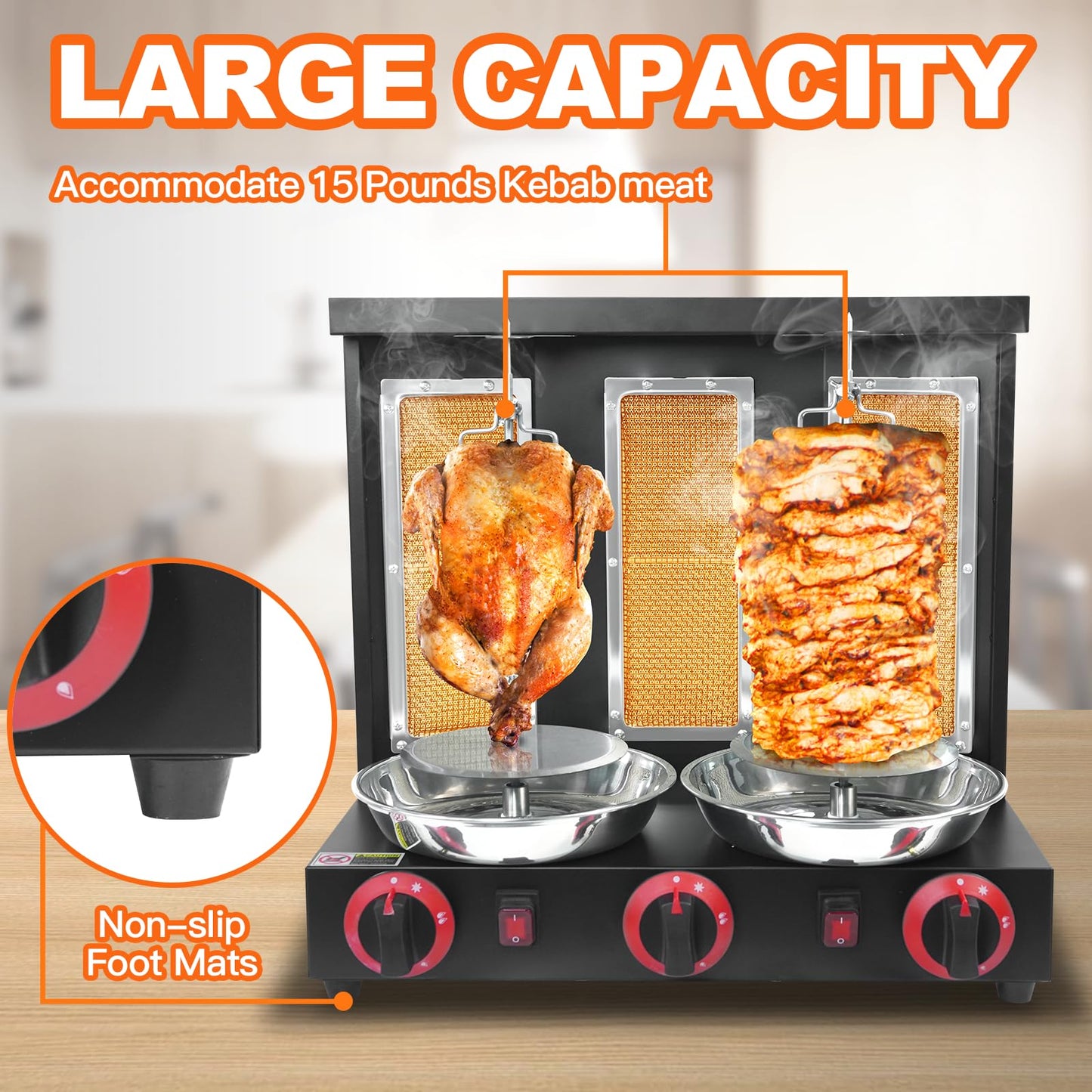 YYUIXUNLI Shawarma Machine Propane Vertical Chicken Rotisserie Broiler with 3 Burners Rotating Kebab Grill Gyro Machine