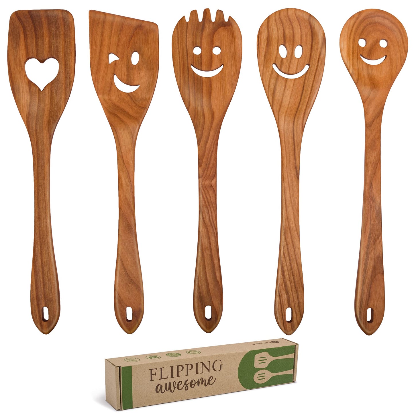 MFC 5-Piece Wooden Cooking Spoons - Kitchen Spatula Set from Natural Cherry Wood - Wooden Spoons for Cooking - Funny Utensil Set with Smiley Faces - Cooking Multipurpose Wood Utensils
