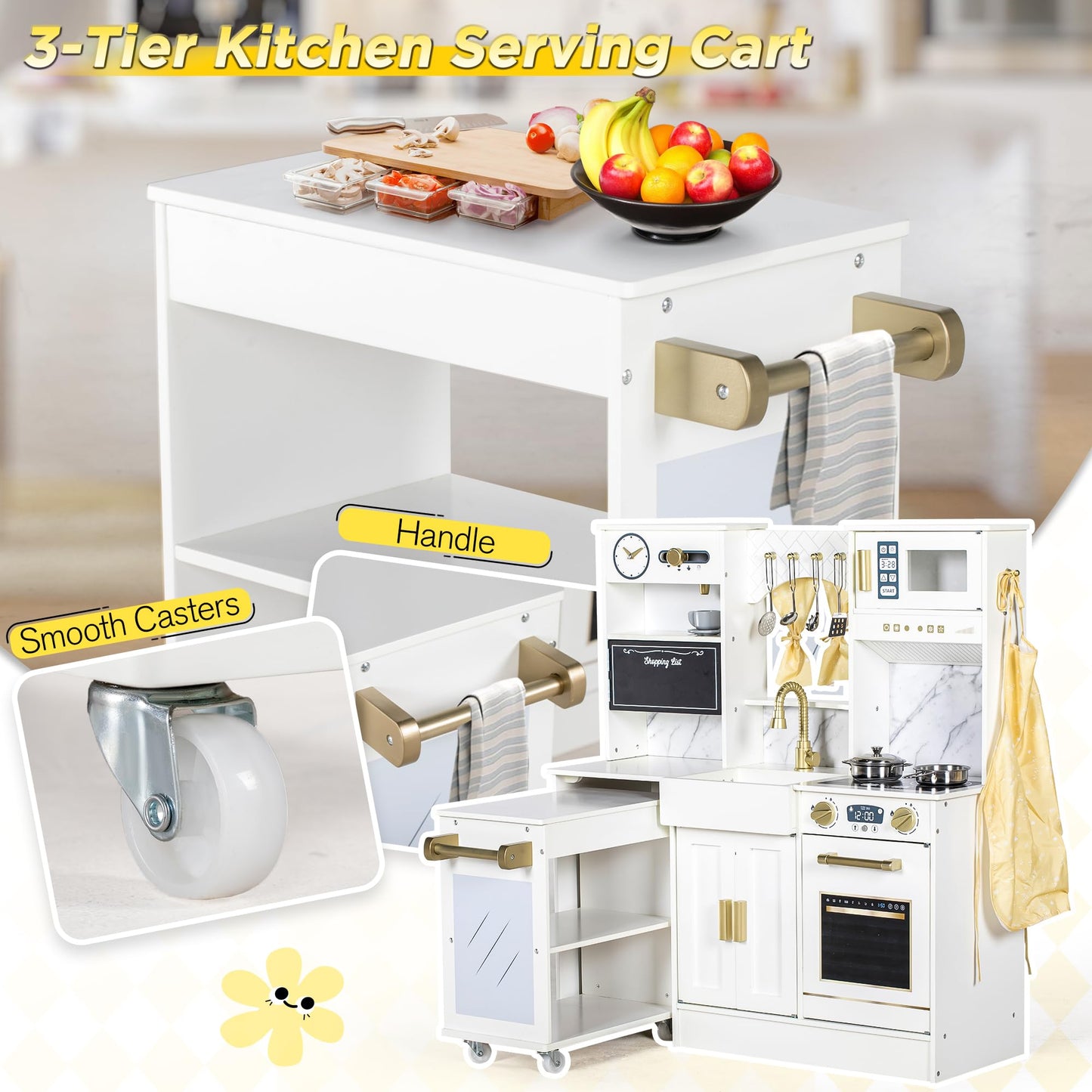 BRINJOY Kids Play Kitchen with Removable Cart, Wooden Toddler Kitchen Playset with Oven, Stove, Sink, Coffee Maker, Pretend Play Toy Kitchen Set for Children Boys Girls Ages 3