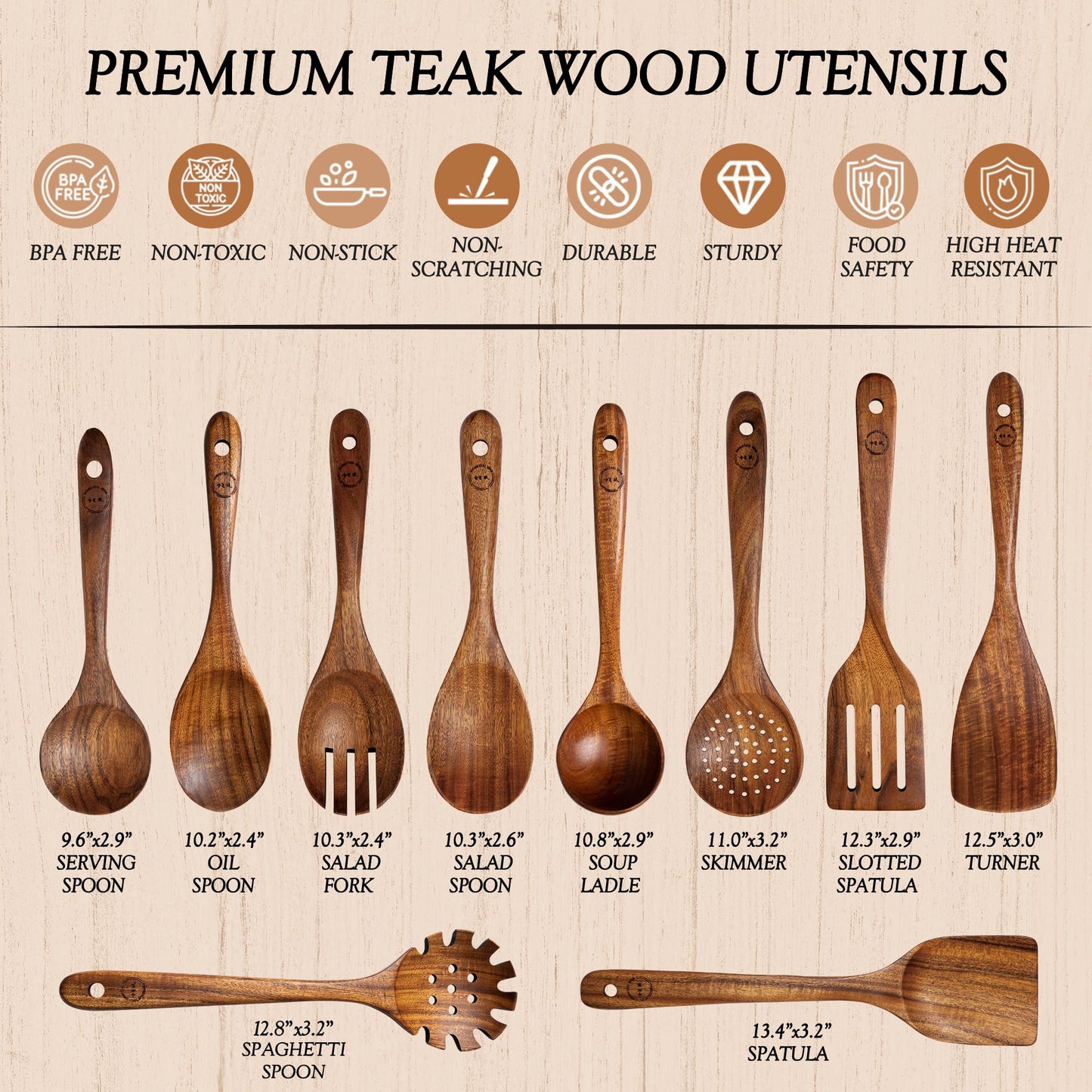 Wooden Spoons for Cooking – 6-12 Piece Teak Wood Cookware Utensil Set with Smooth Finish – Non-Stick, Comfortable Grip – Durable, Heat Resistant Kitchen Utensils (10 PCS Set)
