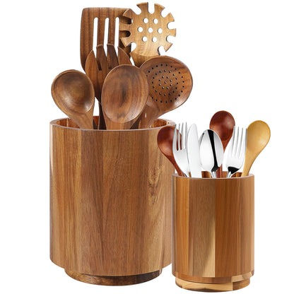 Wooden Utensil Holder for Kitchen Counter,360° Rotating Kitchen Utensil Holder,7.3"+5.7" Spatula Holder for Counter,Large Cooking Utensil Crock Natural Rustic Appearance for Home Decor,Set of 2