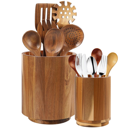Wooden Utensil Holder for Kitchen Counter,360° Rotating Kitchen Utensil Holder,7.3"+5.7" Spatula Holder for Counter,Large Cooking Utensil Crock Natural Rustic Appearance for Home Decor,Set of 2