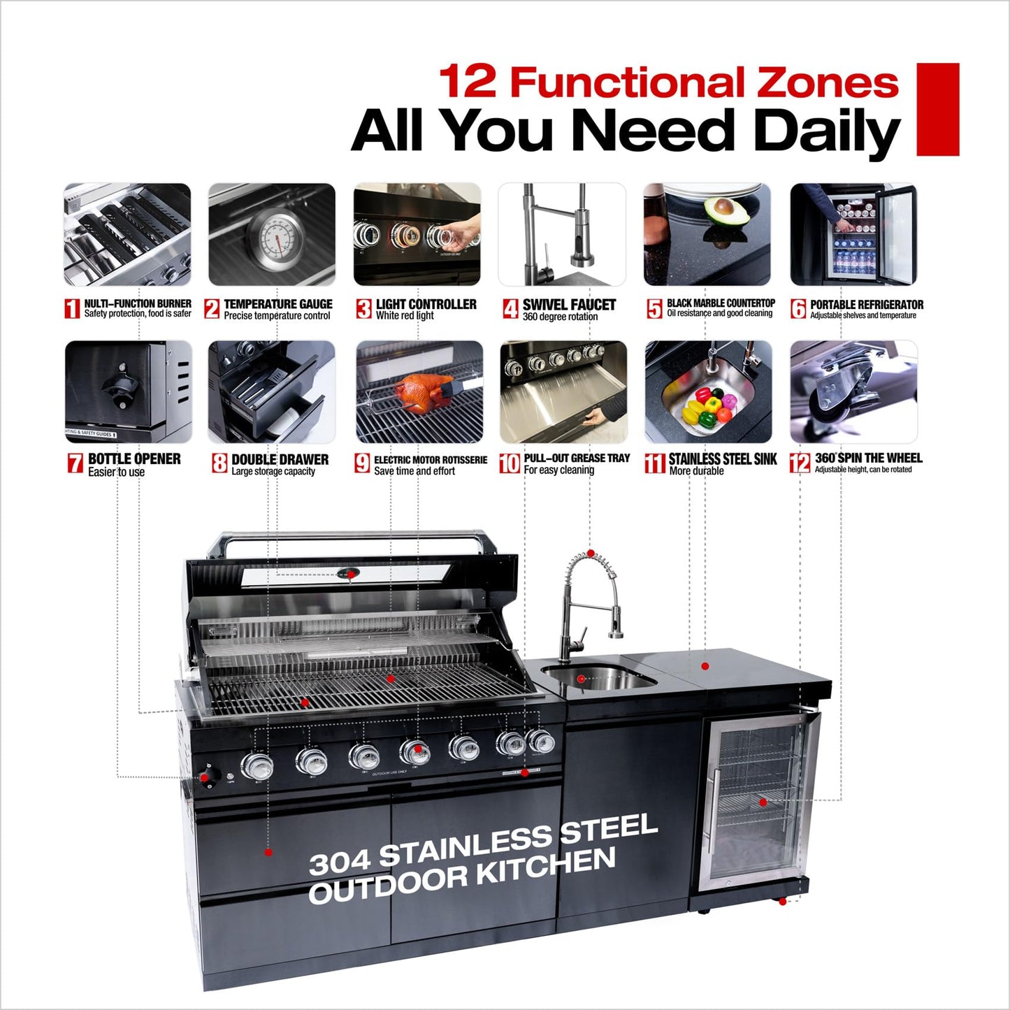 6 Burner Outdoor Kitchen Island with Grill, Deluxe Stainless Steel Modular Outdoor Kitchen, 85000 BTU, Gas Propane BBQ Island with Refrigerator, Sink, Rotisserie, 85"W, Black