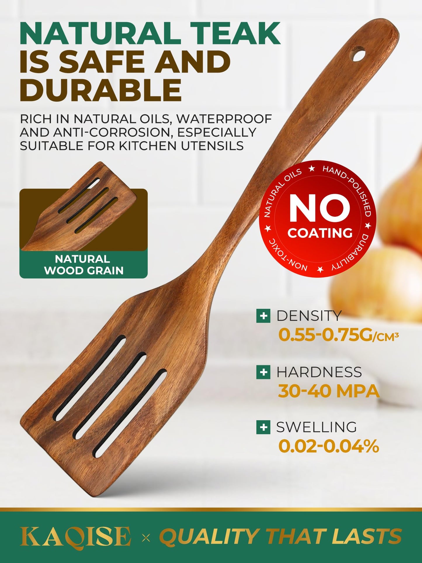 KAQISE Wooden Spatulas for Cooking, Teak Wood Kitchen Utensils Set, Natural Cooking Utensils Set, Flat Wooden Spatulas and Slotted Spatula Set (2Pcs)