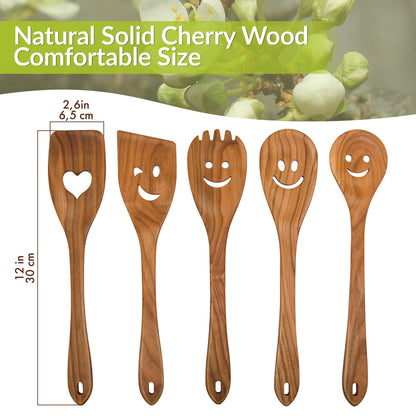 MFC 5-Piece Wooden Cooking Spoons - Kitchen Spatula Set from Natural Cherry Wood - Wooden Spoons for Cooking - Funny Utensil Set with Smiley Faces - Cooking Multipurpose Wood Utensils