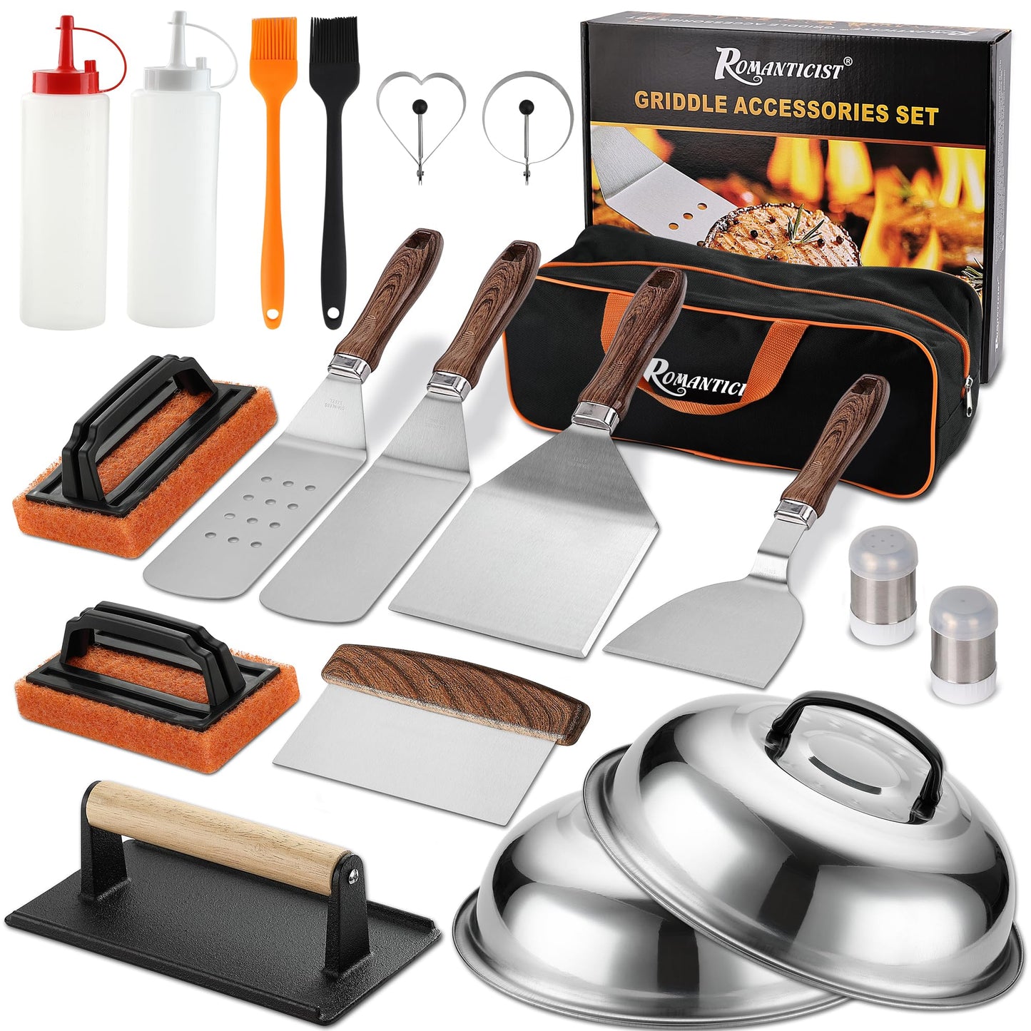 ROMANTICIST 19PCS Griddle Accessories Set - Flat Top Teppanyaki Spatula Set with Scraper, Basting Cover for Camp Chef- Home Cooking Griddle and Outdoor BBQ Gifts for Christmas