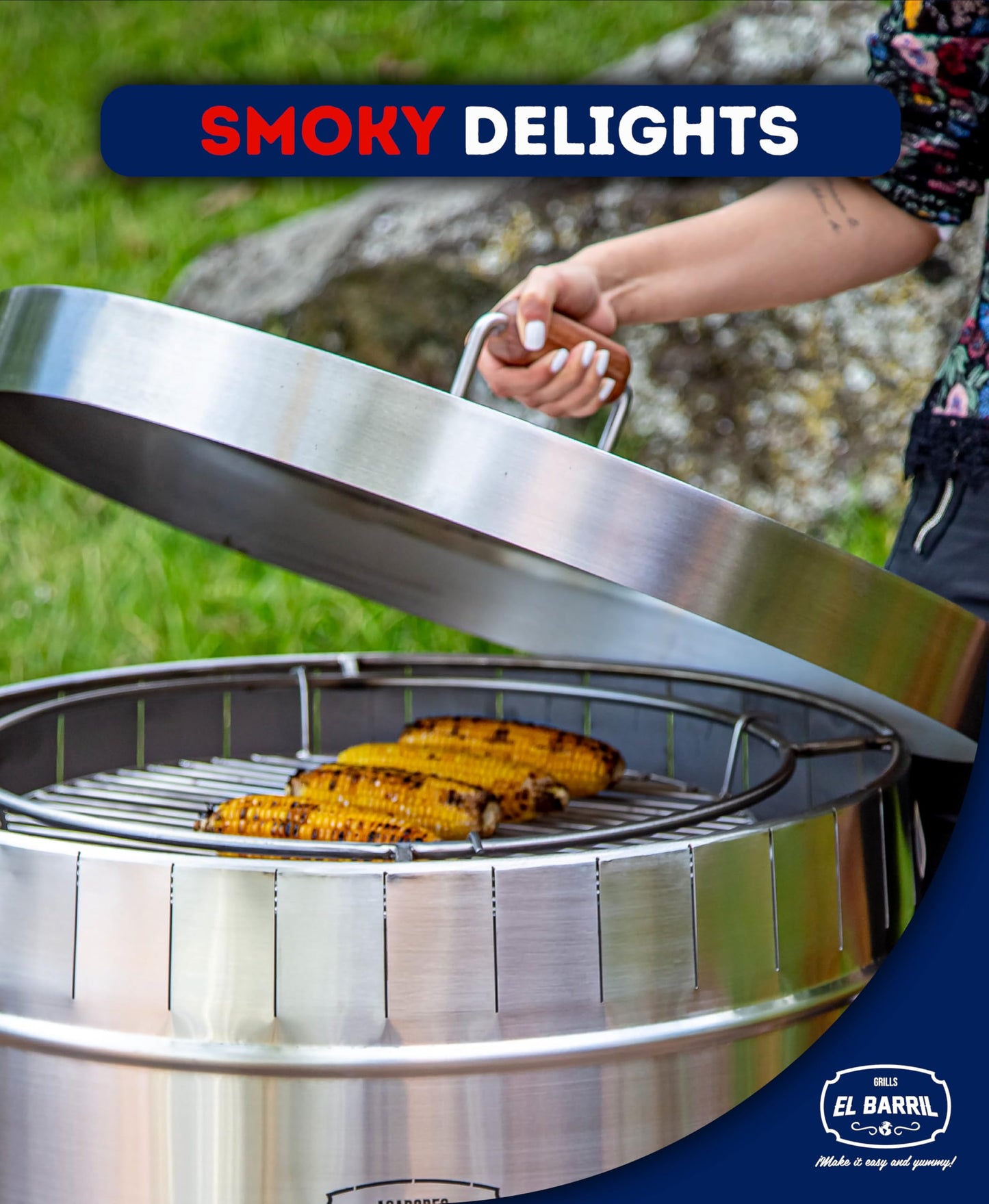 EL BARRIL 60lbs Grill & Smoker Barrel, Stainless Steel Charcoal Smoker Grill – Portable Outdoor Smokers with Even Heat Distribution & Grilling Accessories