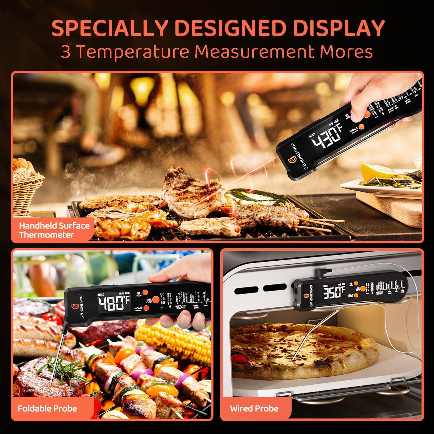 G.a HOMEFAVOR 3-in-1 Digital Meat Thermometer for Kitchen Cooking - Wired Probe, Instant Read Temperature with Infrared Thermometry for Pizza Making, BBQ, Air Fryer, Deep Fry, Roasting