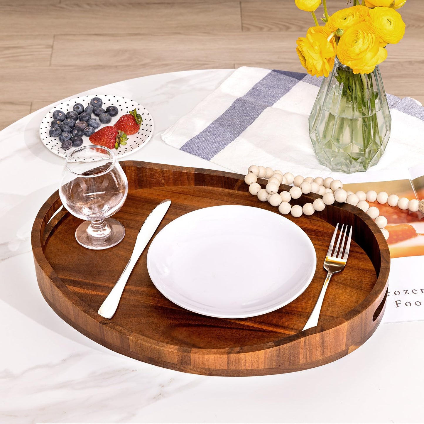 HouseJoy Acacia Wood Serving Tray with Handles, Decorative Ottoman Tray Platter for Breakfast in Bed, Living Room, Coffee Table, Lunch, Dinner, Bathroom, Candle Display,16.5"x13"