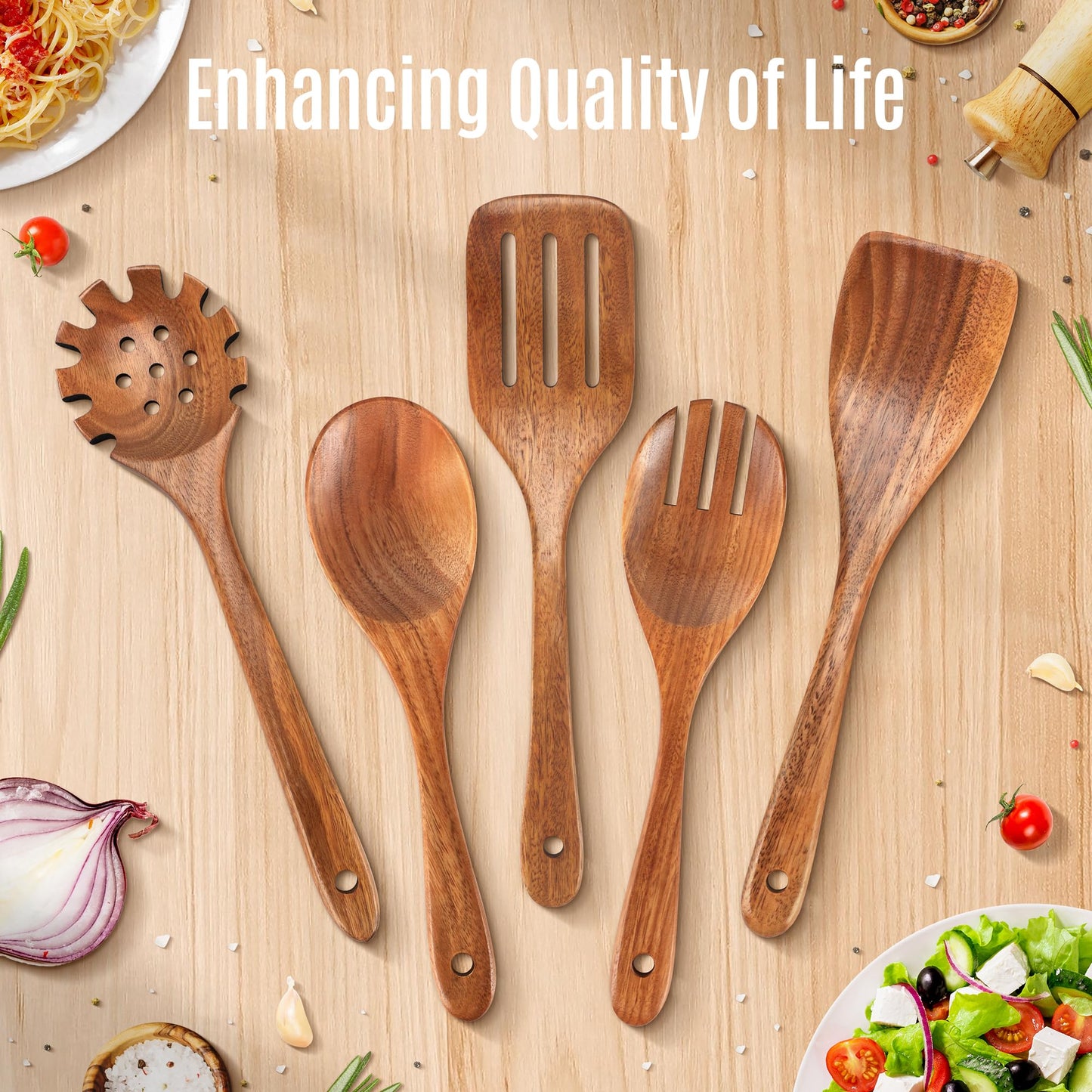 5 PCS Wooden Spoons for Cooking Natural Teak Kitchen Utensils Smooth Non-Stick Surface Cooking Utensils Set Soft Comfort-Grip Wooden Utensils for Cooking