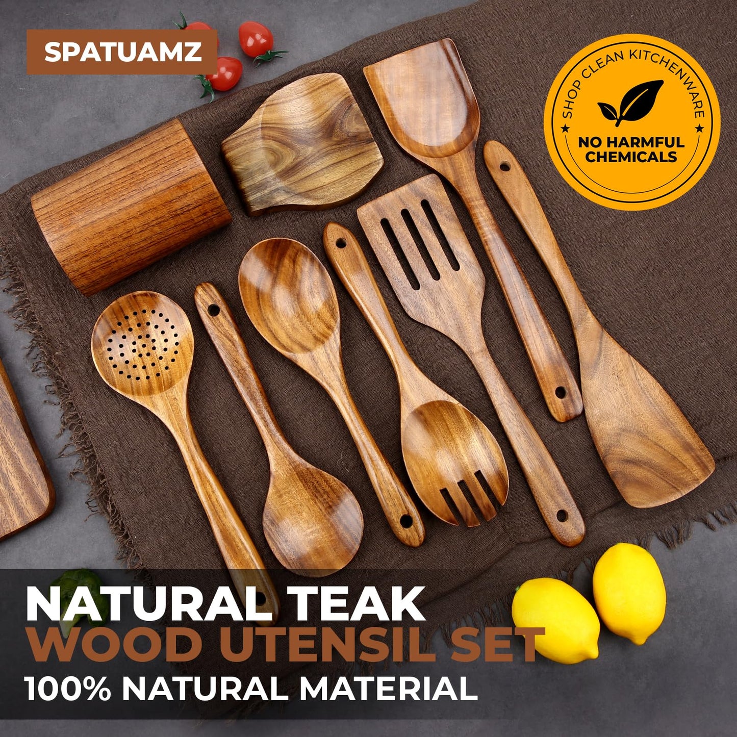 SPATUAMZ Wooden Spoons for Cooking, Teak Wooden Utensil Set for Nonstick Pans, Durable Wooden Spoons Set of 9 with Holder and Spoon Rest