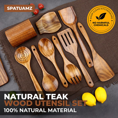 SPATUAMZ Wooden Spoons for Cooking, Teak Wooden Utensil Set for Nonstick Pans, Durable Wooden Spoons Set of 9 with Holder and Spoon Rest