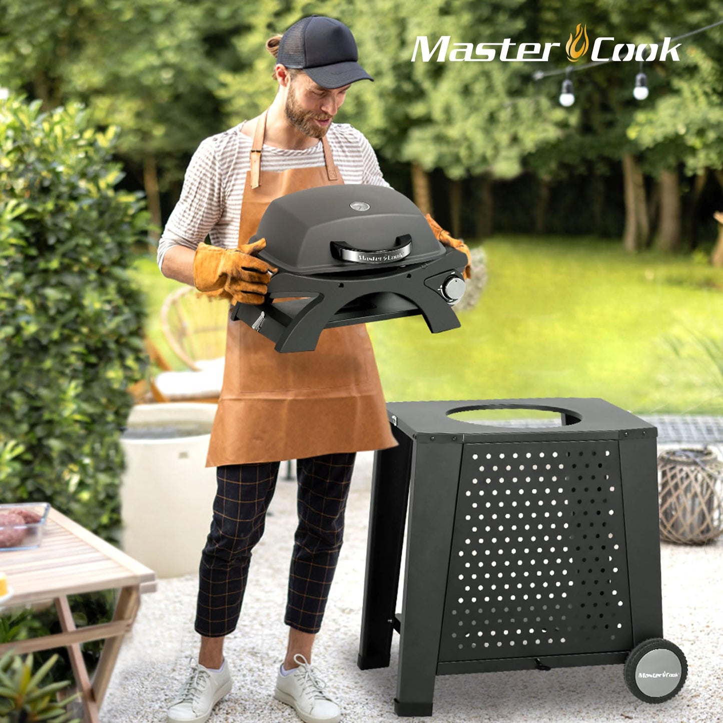 MASTER COOK Propane Gas Grill, Portable Tabletop Barbecue Grill with Cart for Patio, Camping, Travel