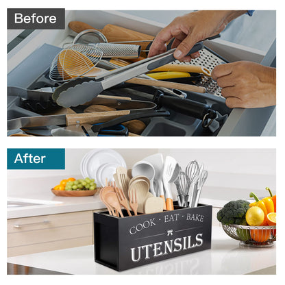 Suli Extra Large Kitchen Utensils Holder with 4 Compartments, Wooden Utensil Organizer for Kitchen Countertop, Farmhouse Kitchen Decor, Rustic Cooking Utensil - Black