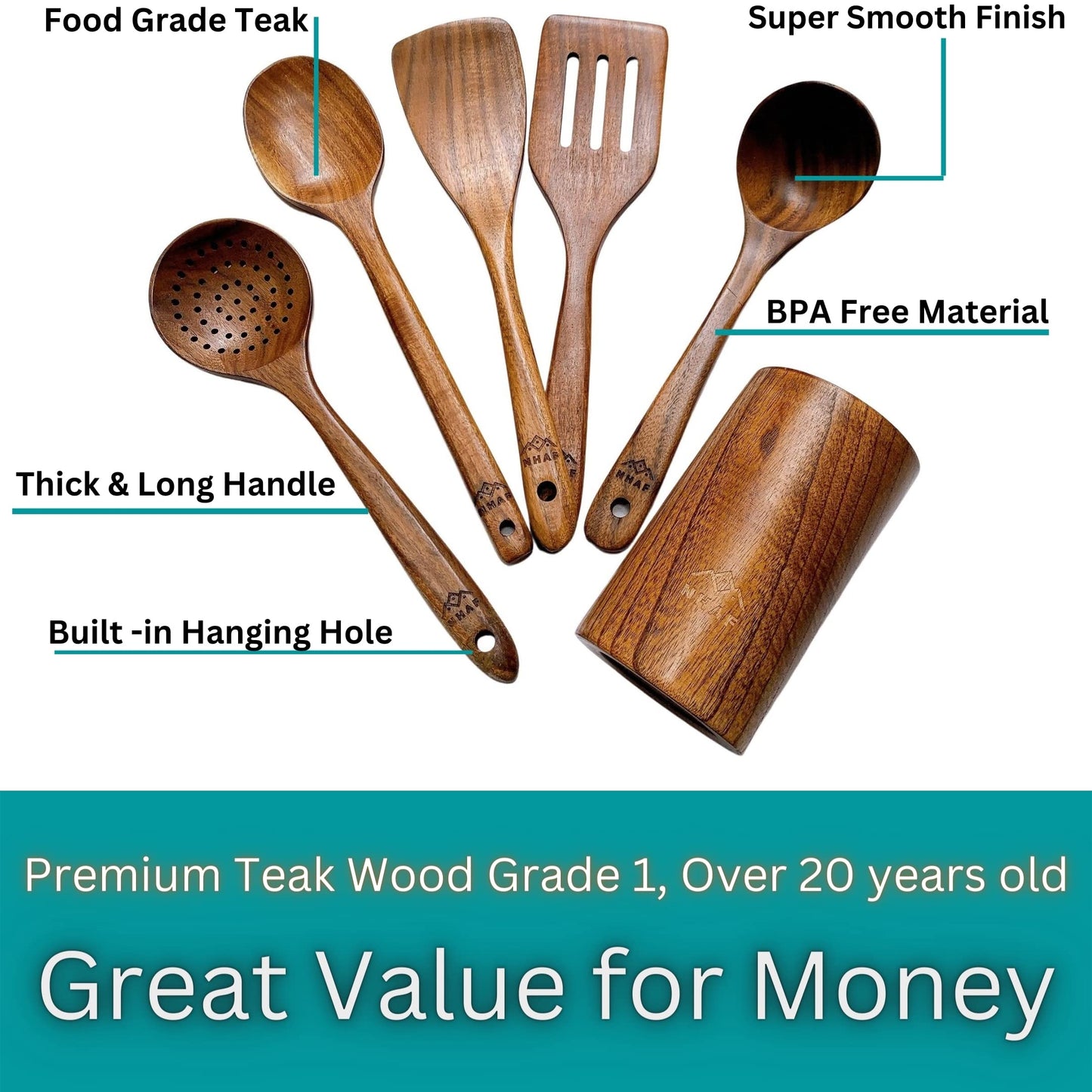 NHAF Premium Teak Healthy Spoons, Durable Eco-friendly Spatula, Wooden Utensils Set with Holder & Canvas Bag, Wooden Cooking Gifts for Mom