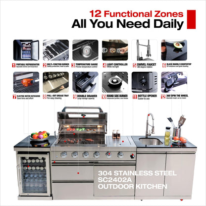 104in Oversized Modular Outdoor Kitchen Bar, 4 Burner 72000 BTU Deluxe Stainless Steel Gas Barbecue Island Kitchen for Backyard w BBQ Grill, Refrigerator, Rotisserie Kit, Countertops, Cabinets, Sink