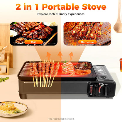 Butane Grill Stove, Portable Camping Grill Gas Stove, Portable Butane Gas Stove, with Stainless Steel Cooking Grate and Nonstick Griddle, for Camping, Korean BBQ, Japanese Yakitori, Yakiniku
