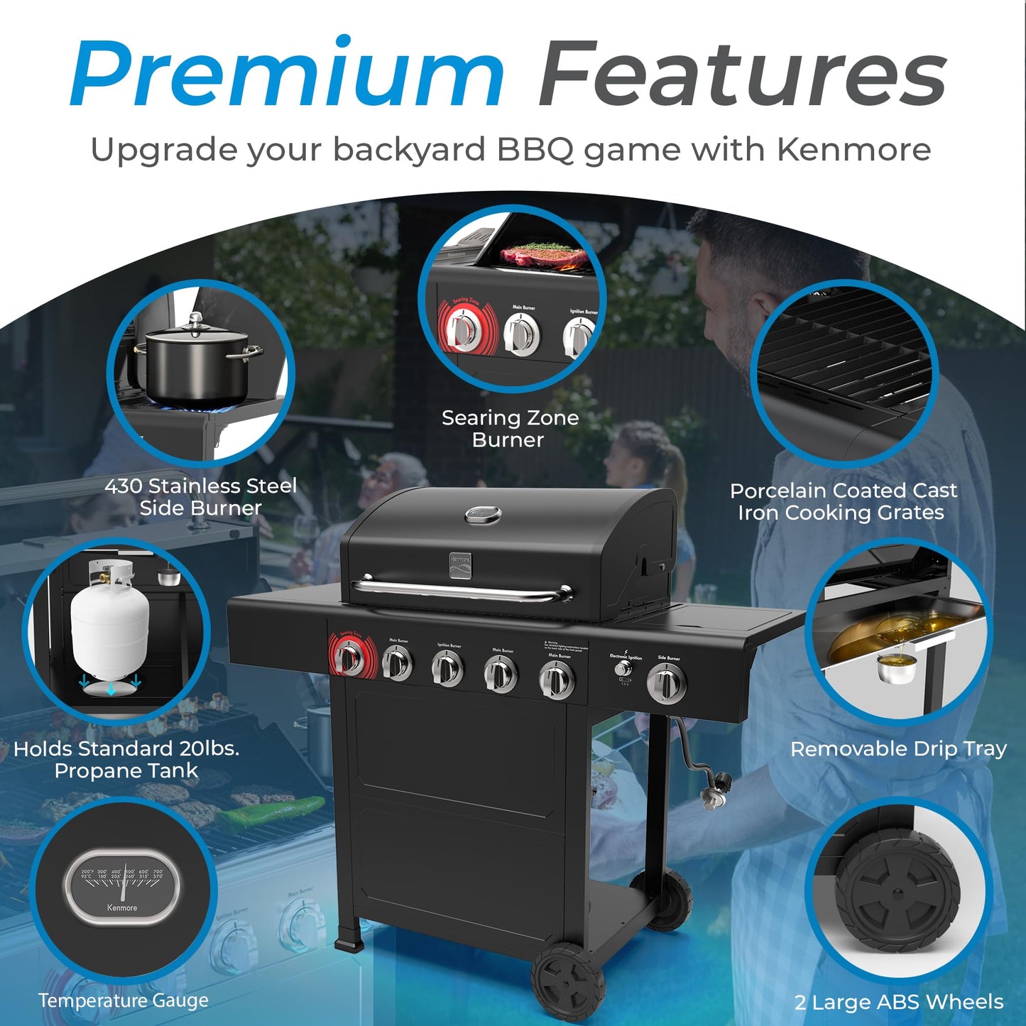 Kenmore BBQ Propane Gas Grill - 5 Burners with Side Burner & Searing Zone, 644 Sq. In. Stainless Steel Grill, 66,000 BTU, Ideal for Outdoor Cooking, Patio & Backyard, Black