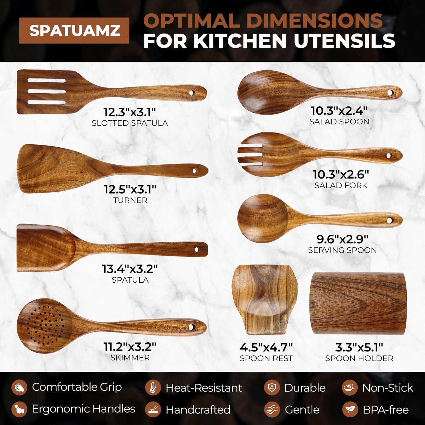 SPATUAMZ Wooden Spoons for Cooking, Teak Wooden Utensil Set for Nonstick Pans, Durable Wooden Spoons Set of 9 with Holder and Spoon Rest