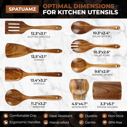 SPATUAMZ Wooden Spoons for Cooking, Teak Wooden Utensil Set for Nonstick Pans, Durable Wooden Spoons Set of 9 with Holder and Spoon Rest