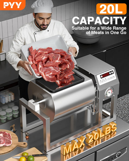 PYY Vacuum Tumbler Marinator - Max.20LBS Commercial Meat Tumbler Marinator w/Pressure Gauge 20L, 30 Minute Fast Marinating, 80W Copper Motor, 3-Speed,Stainless Steel Meat Tumbler for Catering Kitchen