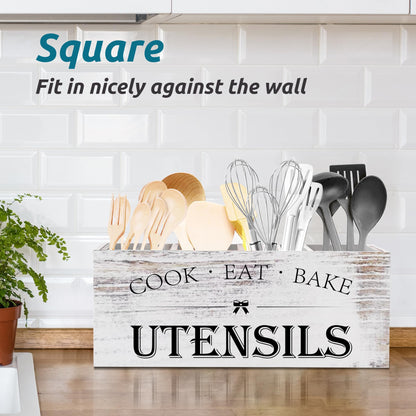 Suli Extra Large Kitchen Utensils Holder with 4 Compartments, Wooden Utensil Organizer for Kitchen Countertop, Farmhouse Decor, Rustic Cooking Utensil - White grain
