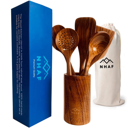 NHAF Premium Teak Healthy Spoons, Durable Eco-friendly Spatula, Wooden Utensils Set with Holder & Canvas Bag, Wooden Cooking Gifts for Mom