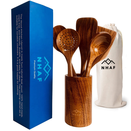 NHAF Premium Teak Healthy Spoons, Durable Eco-friendly Spatula, Wooden Utensils Set with Holder & Canvas Bag, Wooden Cooking Gifts for Mom