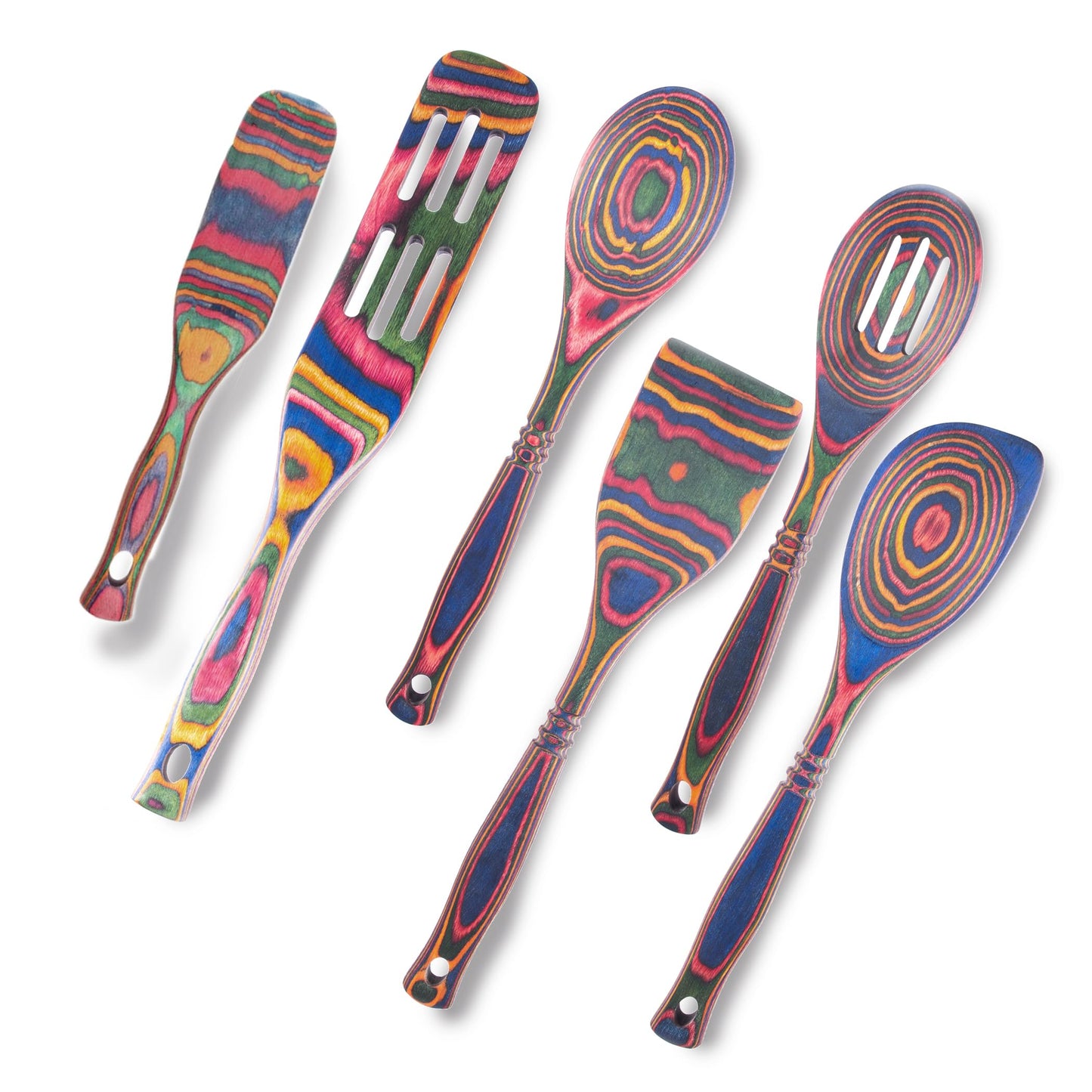 Exotic Pakkawood 6-Piece Kitchen Utensil Set with 12-in Spoon, 12-in Slotted Spoon, 12-in Spatula, 12-in Corner Spoon, 13-in Large Spurtle, 9-in Small Spurtle - by Crate Collective (Rainbow)