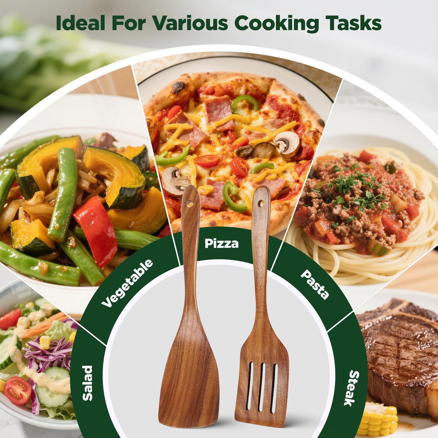 ANBUY Wooden Spatula for Cooking, Flat Wooden Turner Set, Non Scratch Slotted Frying Spatula Set for Nonstick Pans, Non Toxic Wood Spatulas for Kitchen Use, 2 Piece Utensil Set