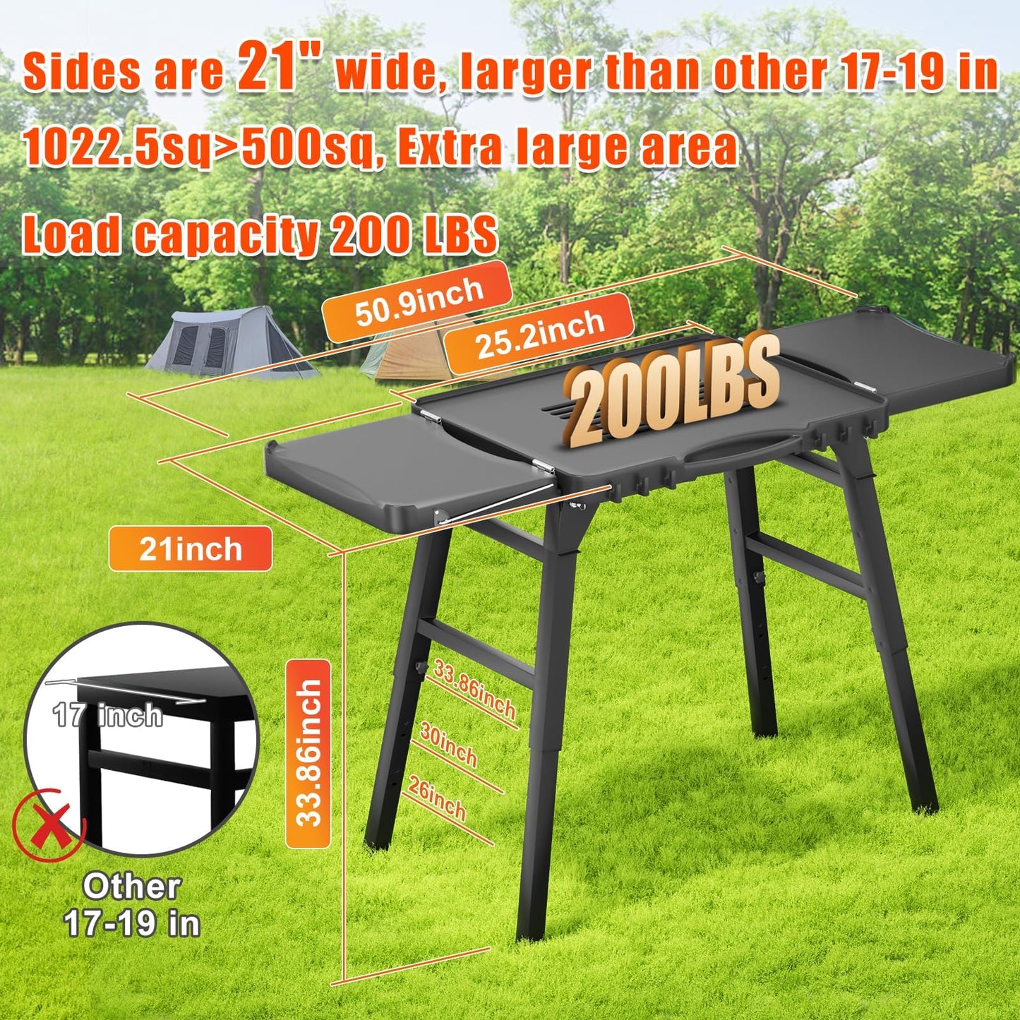 Grill Table Cart for Ninja Woodfire OG701 OG850 OG951, Pizza Oven Table Cart, Foldable Grill Stand for Ninja, Blackstone, Cuisinart, With Air Vent, Adjustable Height