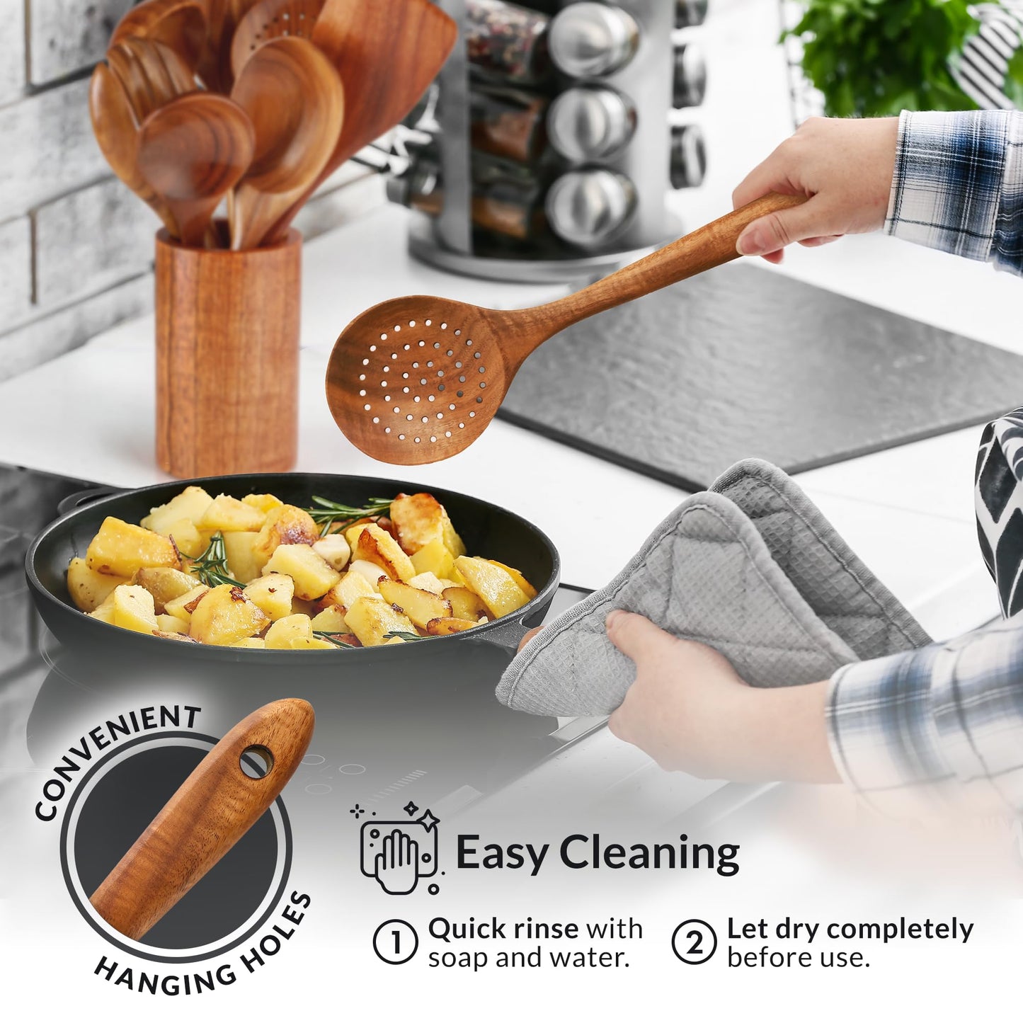 Zulay Kitchen 10-Piece Wooden Spoons for Cooking - Smooth Finish Teak Wooden Utensils for Cooking - Soft Comfort-Grip Wood Spoons for Cooking - Non-Stick Wooden Cooking Utensils - Wooden Spoon Sets