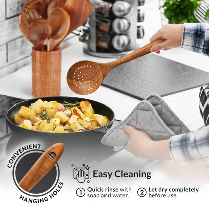 Zulay Kitchen 10-Piece Wooden Spoons for Cooking - Smooth Finish Teak Wooden Utensils for Cooking - Soft Comfort-Grip Wood Spoons for Cooking - Non-Stick Wooden Cooking Utensils - Wooden Spoon Sets