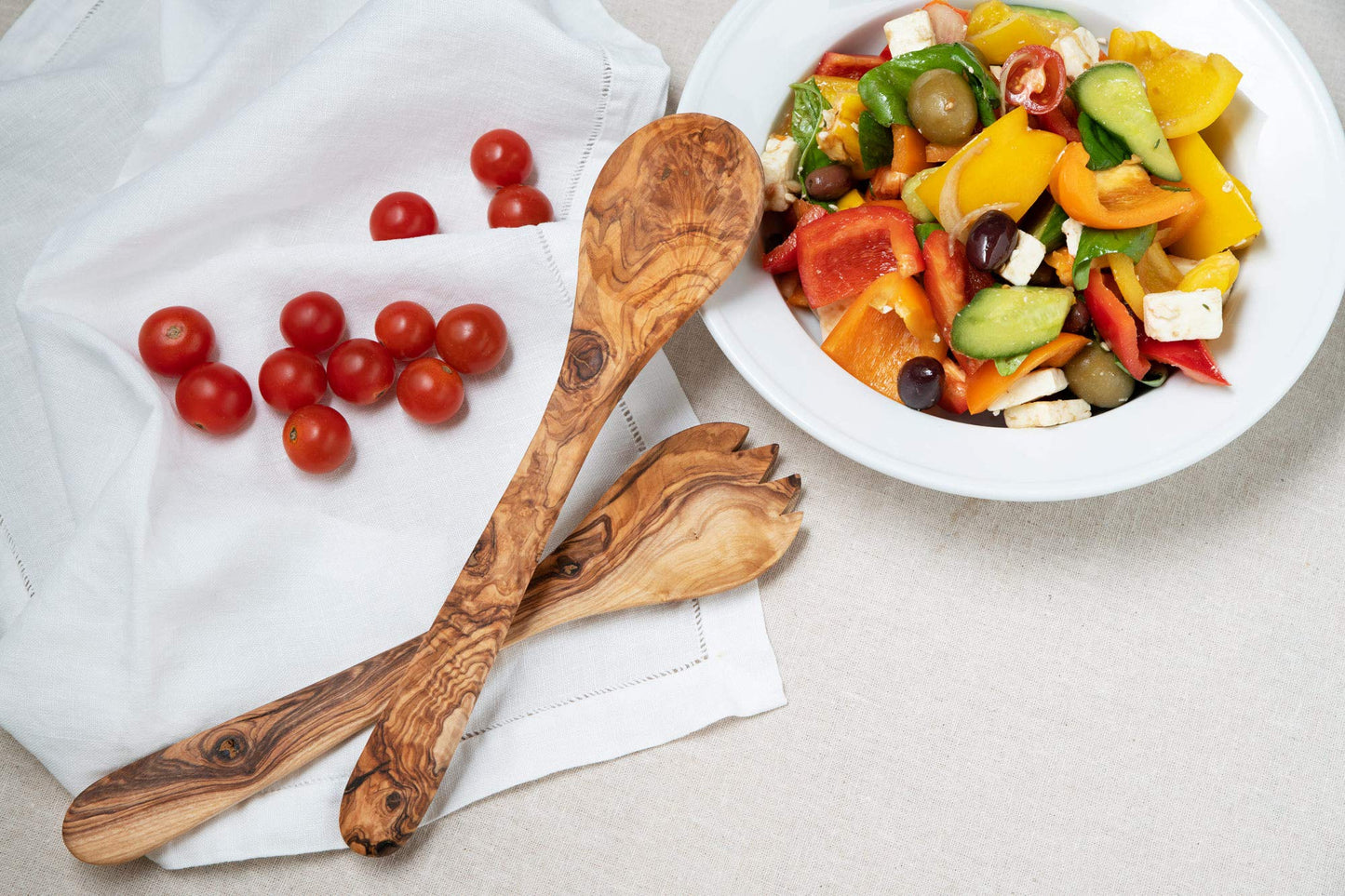 Tramanto Olive Wood Salad Server Set - 12 Inch Wooden Tongs - Rustic French Style