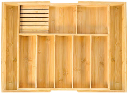 VaeFae Extra Large Kitchen Utensil Holder, Bamboo Silverware Drawer Organizer, Expandable Cutlery Organizer with Knife Block, Multifunctional Wooden Drawer Divider