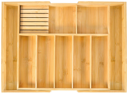 VaeFae Extra Large Kitchen Utensil Holder, Bamboo Silverware Drawer Organizer, Expandable Cutlery Organizer with Knife Block, Multifunctional Wooden Drawer Divider