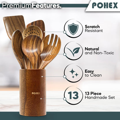 Pohex Teak Wood 12 Piece Kitchen Utensil Set with Wooden Holder/Barrel, 6 Gadgets Wooden Spatula, Spurtle, Slotted Spoon, Salad Spoon and Fork, Small Mixing Spoon and 6 Hooks Handmade Cookware No BPA