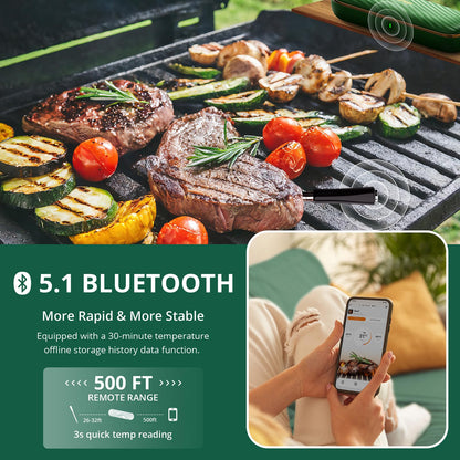 Green Wireless Meat Thermometer, 500FT Remote Bluetooth Grill Thermometer with an Stylish Wave-shaped Sliding Base, Portable Cooking IP67 Waterproof, Perfect Smoker Accessories Gift for Kitchen Lovers