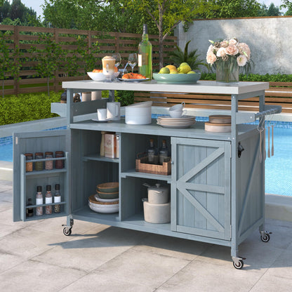 LZ LEISURE ZONE Outdoor Kitchen Island, Farmhouse Rolling Mobile Kitchen Island with Storage, Solid Wood Outdoor Grill Cart Table with Stainless Steel Top for Kitchen/Barbecue, Grey Blue
