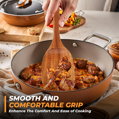 AIUHI Natural Solid Teak Wooden Cooking Utensils for Nonstick Cookware, Wooden Kitchen Utensils Set Includes Spoons, Spatulas, Strainer Spoon, Salad Fork with Holder and Spoon Rest (9PCS)