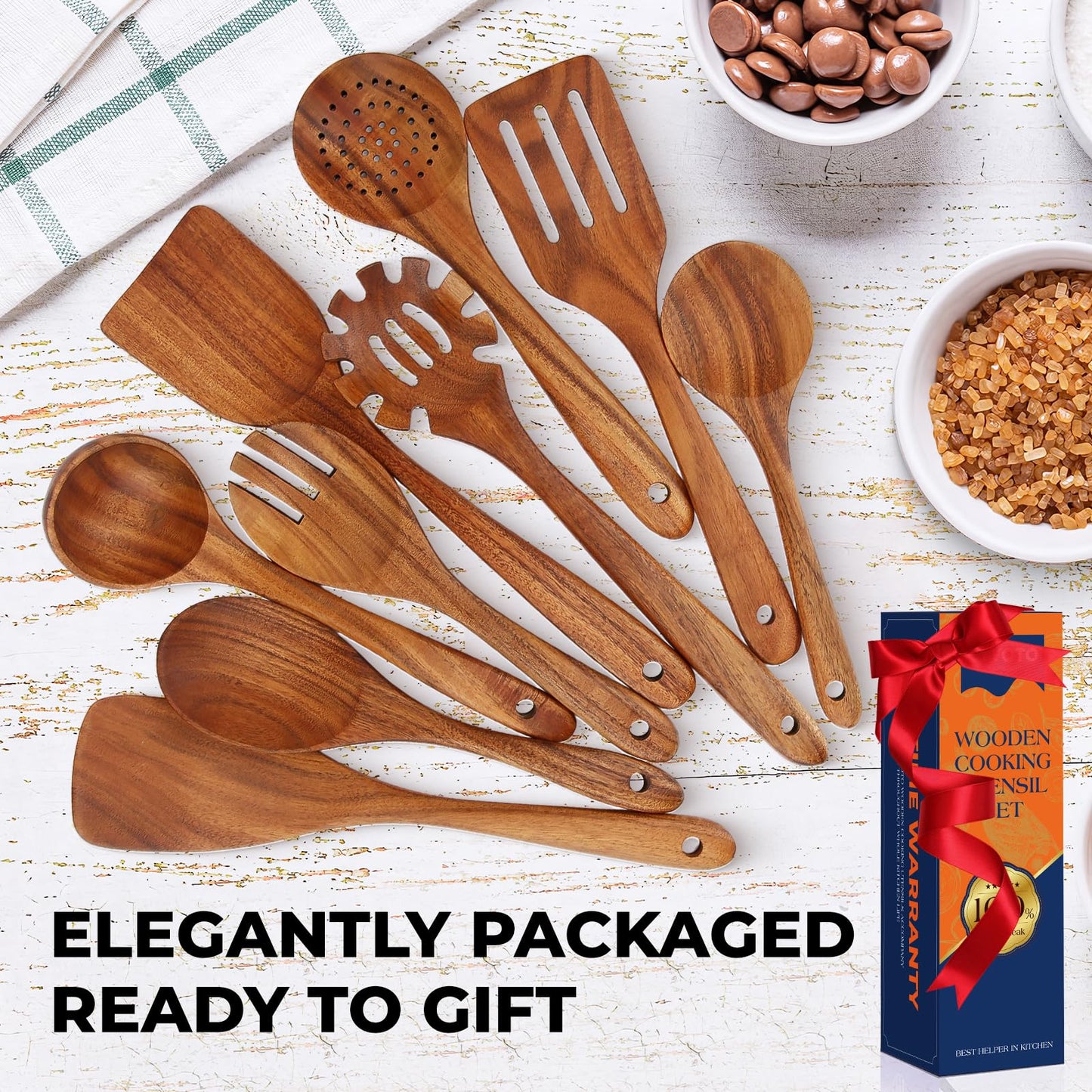 YTYOTO Wooden Spoons for Cooking, Natural Teak Wooden Kitchen Utensils Set, Essential Wooden Spoon Set (9Pcs)