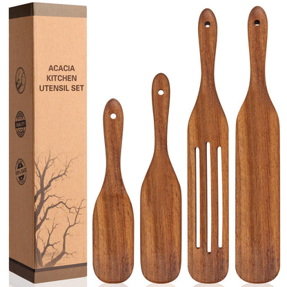LorisArm Acacia Wood Spatula Utensil Sets, 4-Pack Wooden Spatulas Turner, Kitchen tool Wood Cooking Utensil.