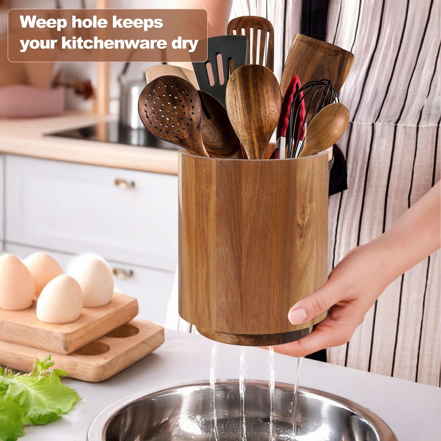 Wooden Utensil Holder for Kitchen Counter,360° Rotating Kitchen Utensil Holder,7.3"+5.7" Spatula Holder for Counter,Large Cooking Utensil Crock Natural Rustic Appearance for Home Decor,Set of 2